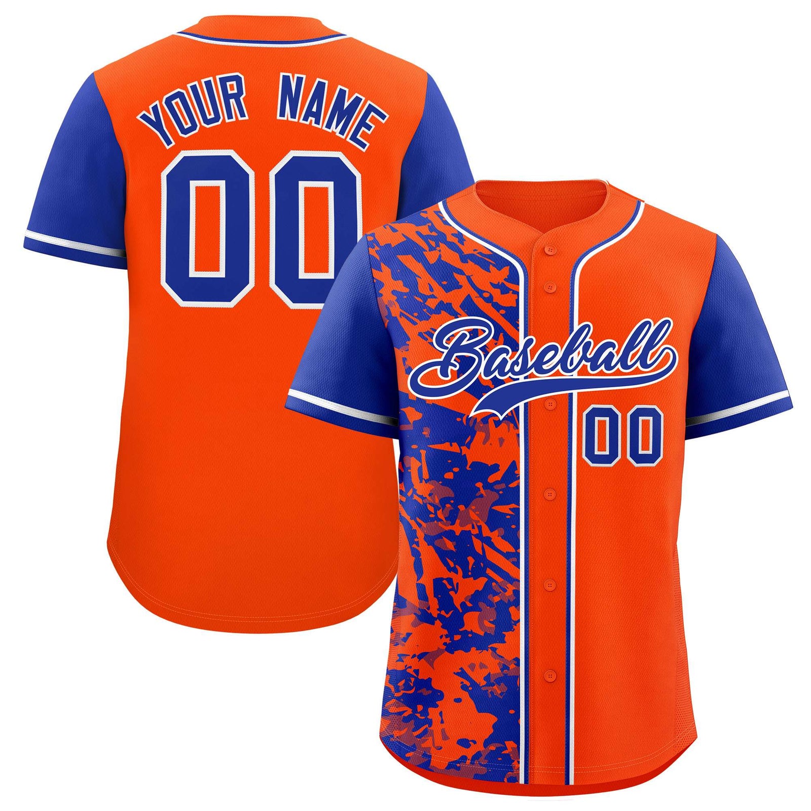 Custom Orange Royal Split Personalized Graffiti Raglan Sleeve Authentic Baseball Jersey