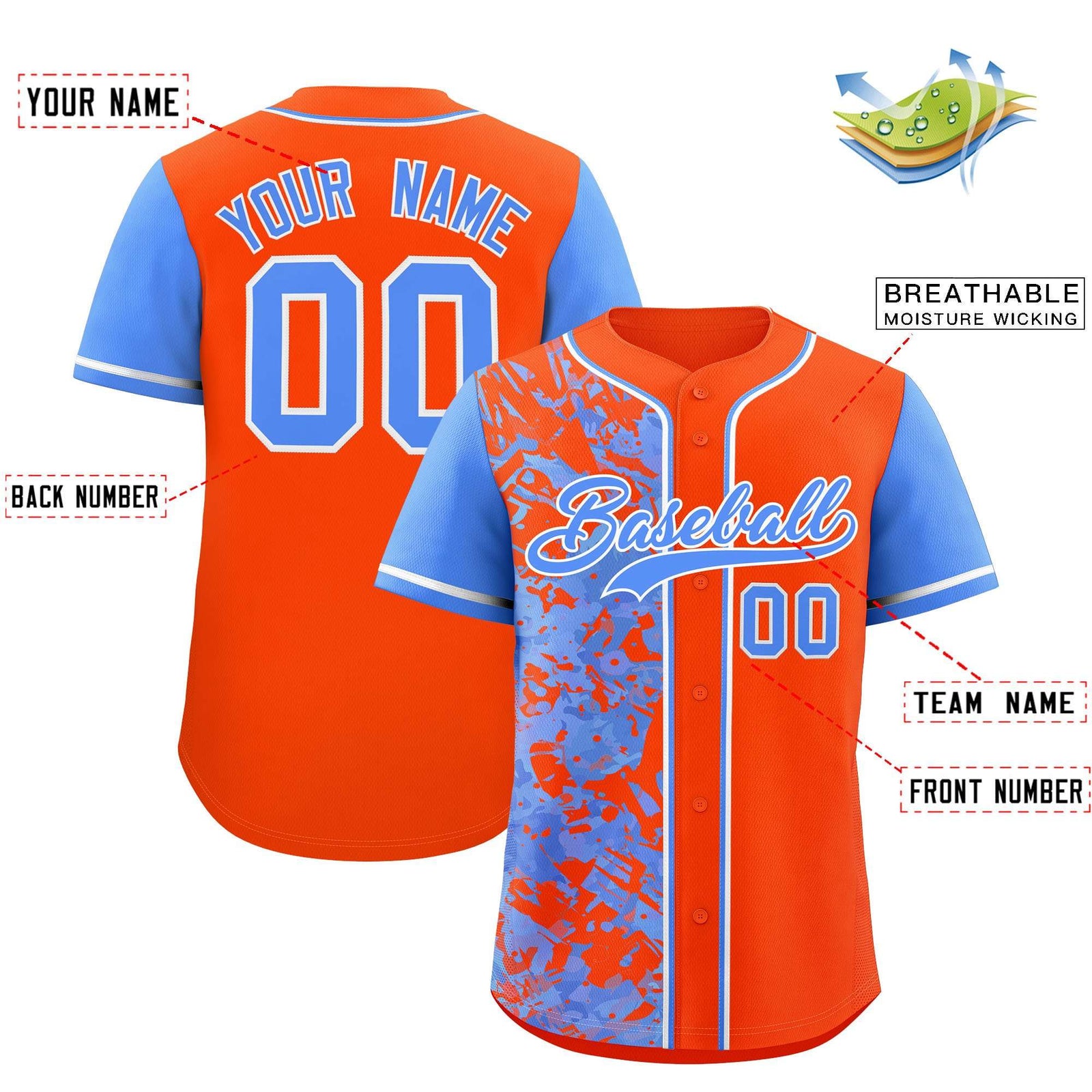Custom Orange Powder Blue Split Personalized Graffiti Raglan Sleeve Authentic Baseball Jersey