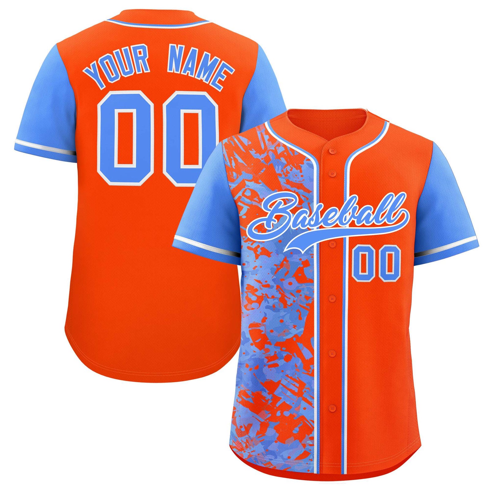 Custom Orange Powder Blue Split Personalized Graffiti Raglan Sleeve Authentic Baseball Jersey