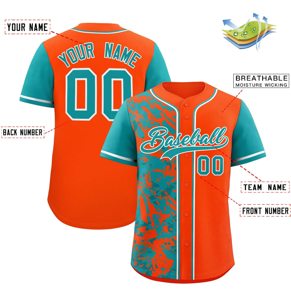 Custom Orange Aqua Split Personalized Graffiti Raglan Sleeve Authentic Baseball Jersey