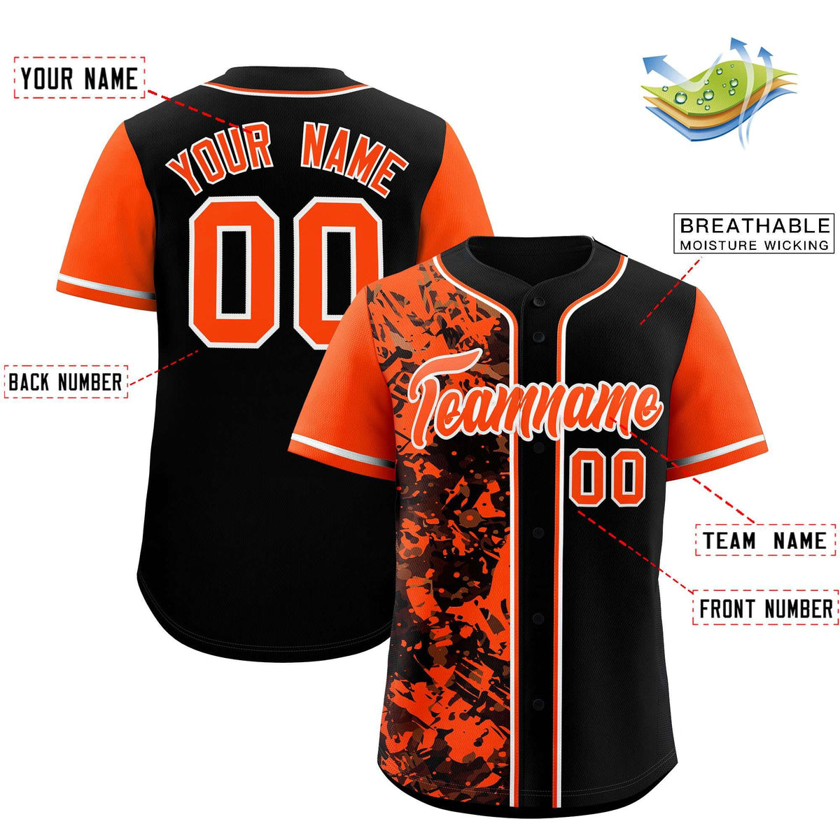 Custom Black Orange Split Personalized Graffiti Raglan Sleeve Authentic Baseball Jersey