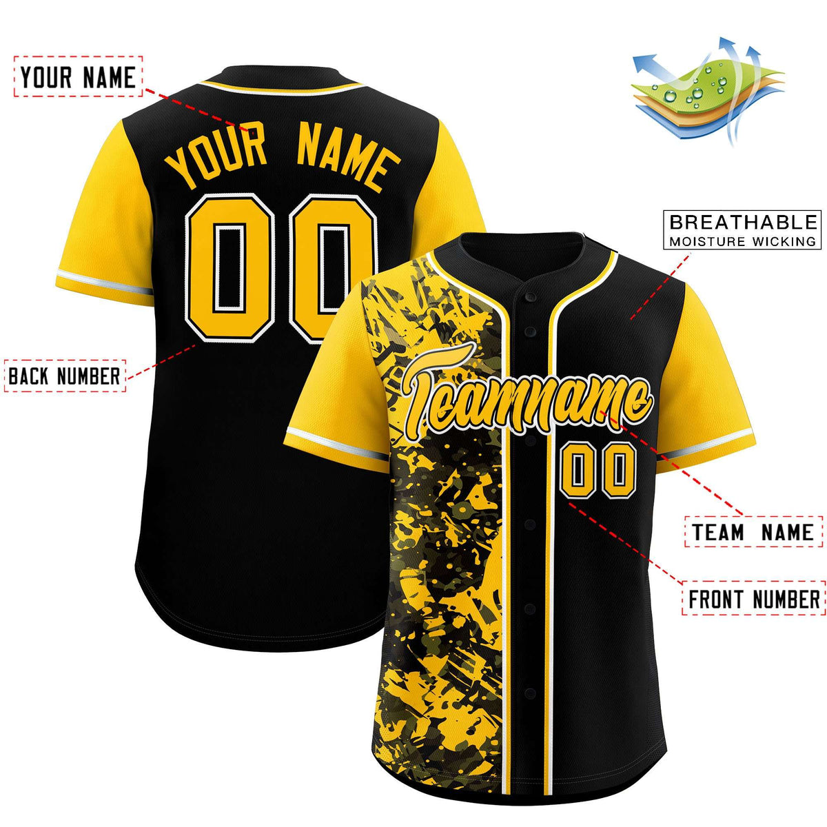 Custom Black Yellow Split Personalized Graffiti Raglan Sleeve Authentic Baseball Jersey