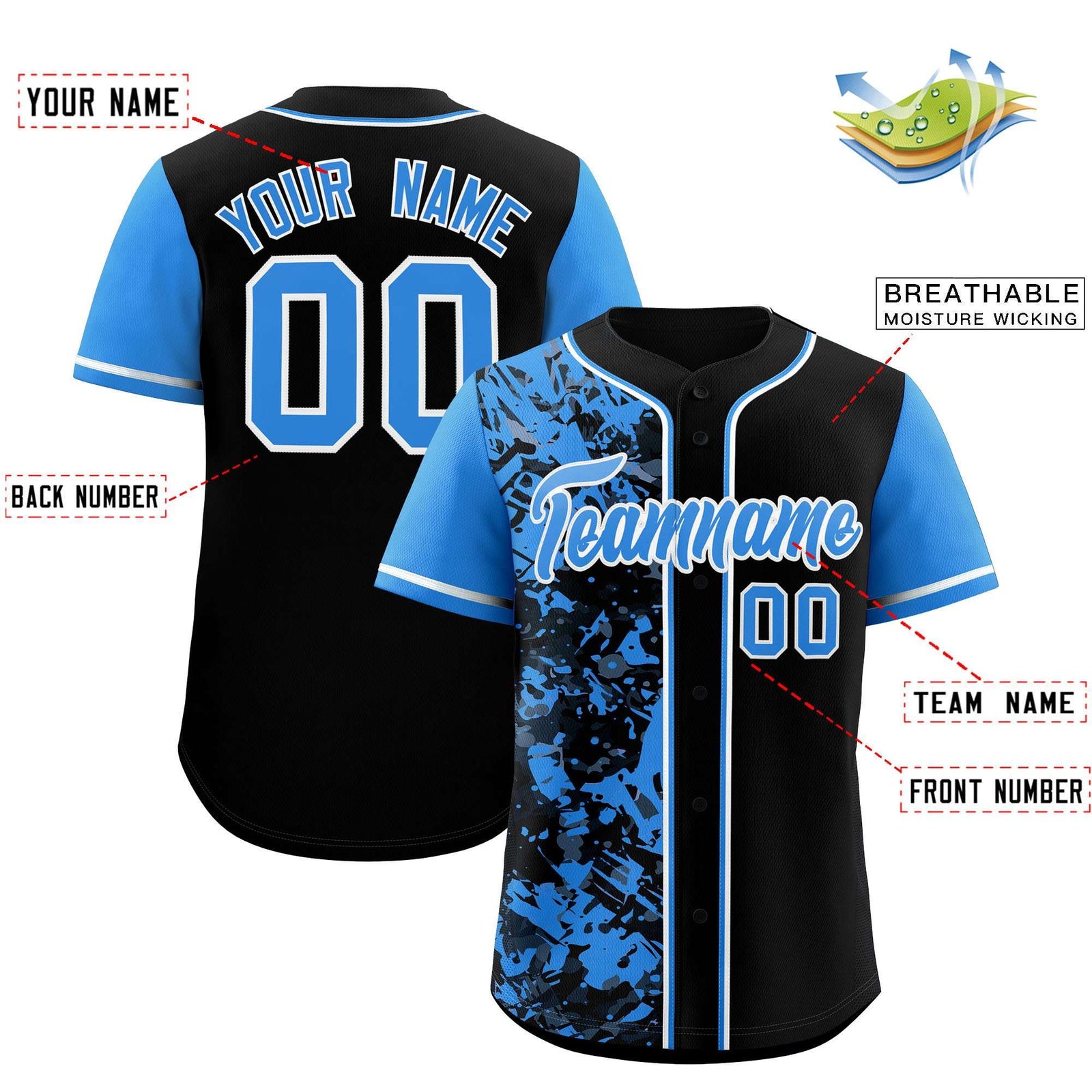 Custom Black Blue Split Personalized Graffiti Raglan Sleeve Authentic Baseball Jersey