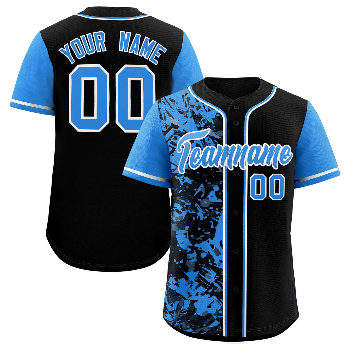 Custom Black Blue Split Personalized Graffiti Raglan Sleeve Authentic Baseball Jersey