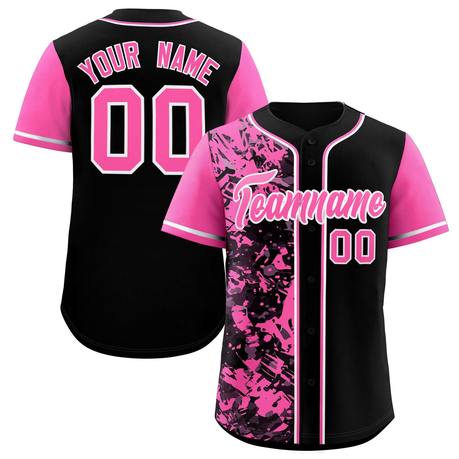 Custom Black Pink Split Personalized Graffiti Raglan Sleeve Authentic Baseball Jersey