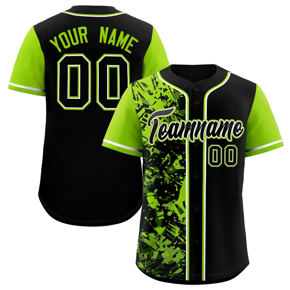 Custom Black Neon Green Split Personalized Graffiti Raglan Sleeve Authentic Baseball Jersey