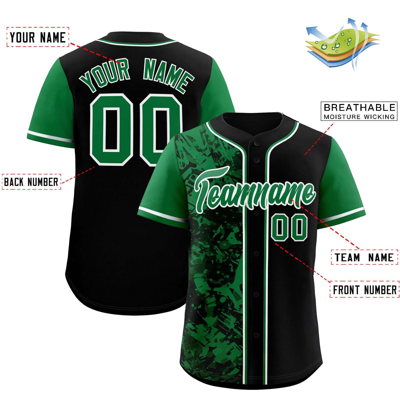 Custom Black Green Split Personalized Graffiti Raglan Sleeve Authentic Baseball Jersey