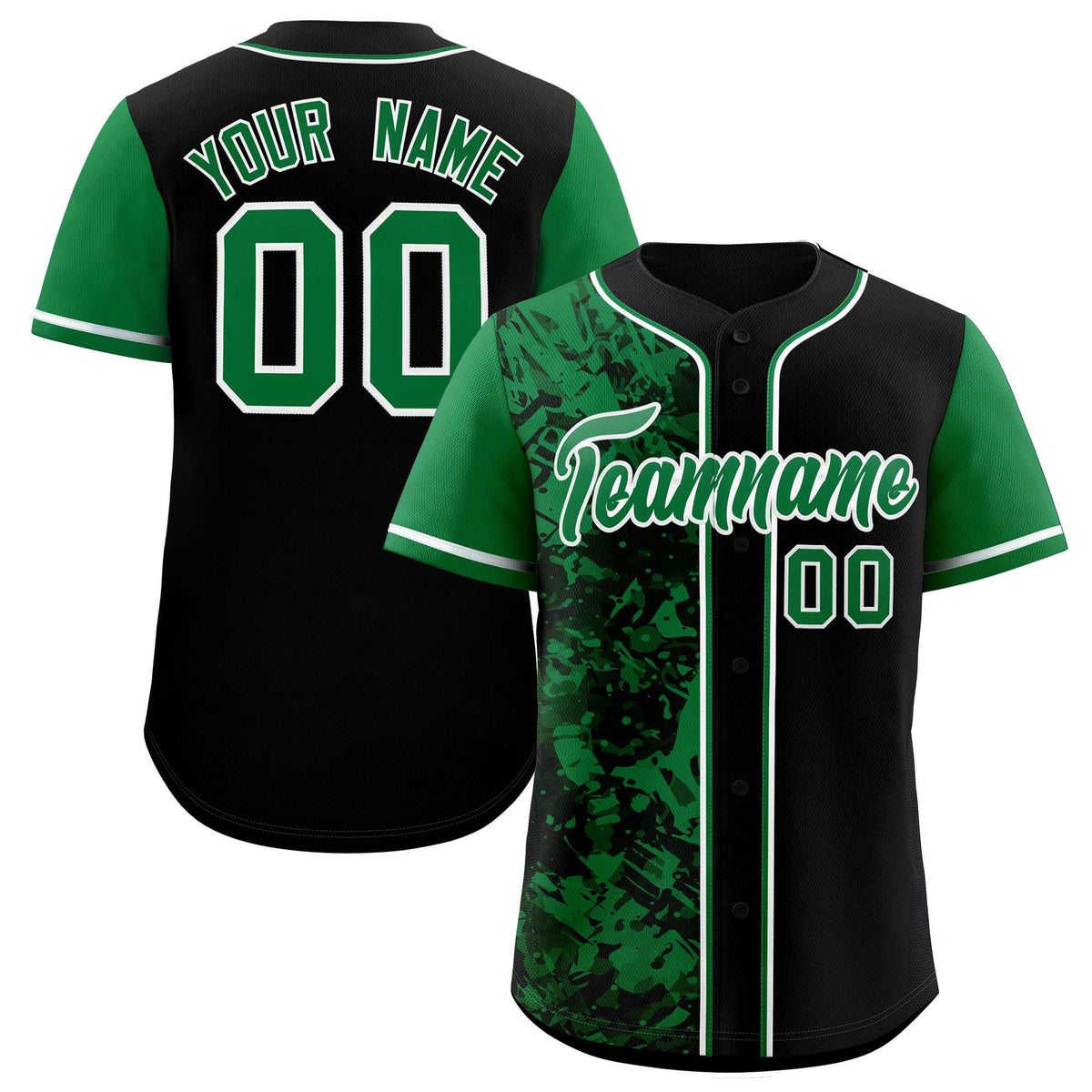 Custom Black Green Split Personalized Graffiti Raglan Sleeve Authentic Baseball Jersey