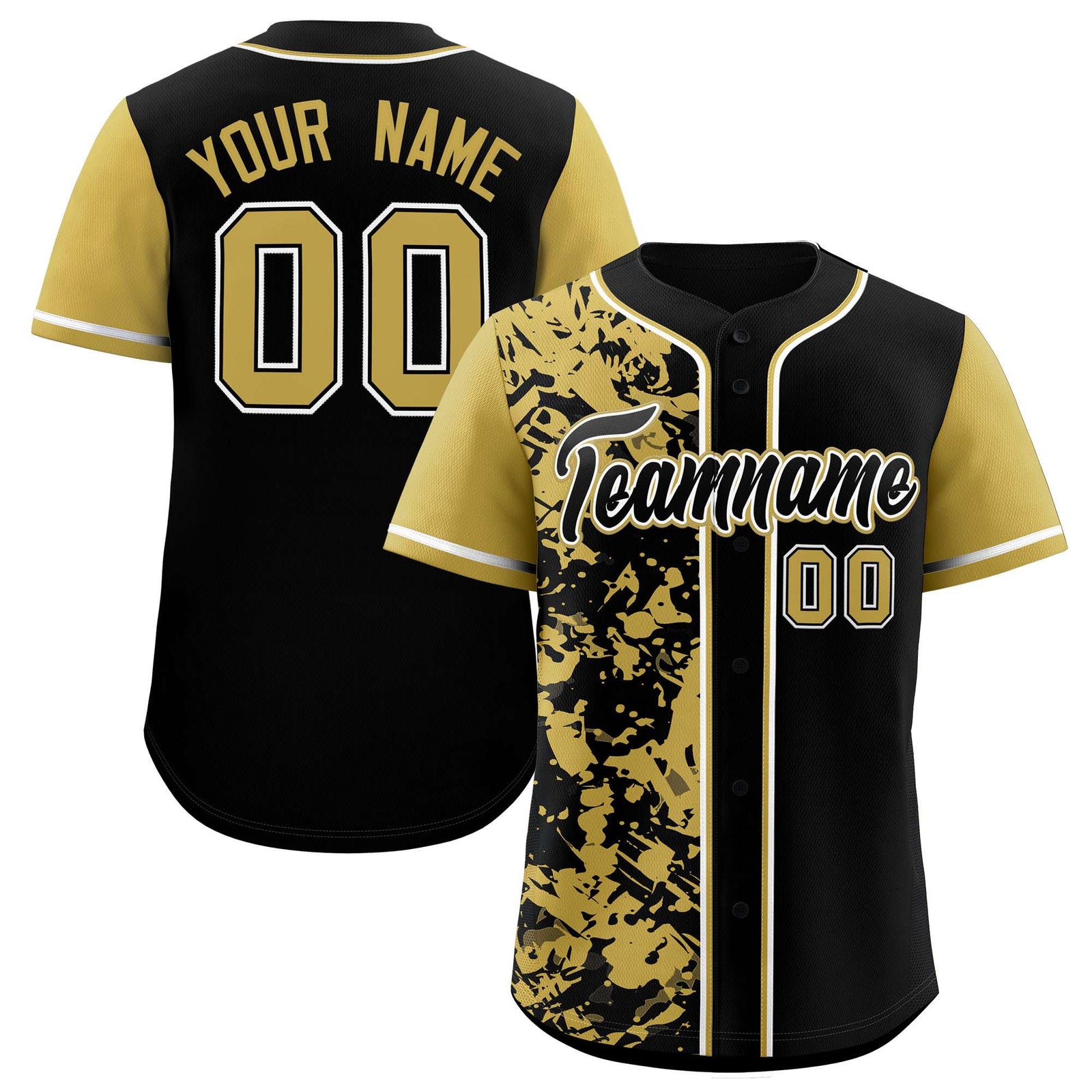 Custom Black Old Gold Split Personalized Graffiti Raglan Sleeve Authentic Baseball Jersey