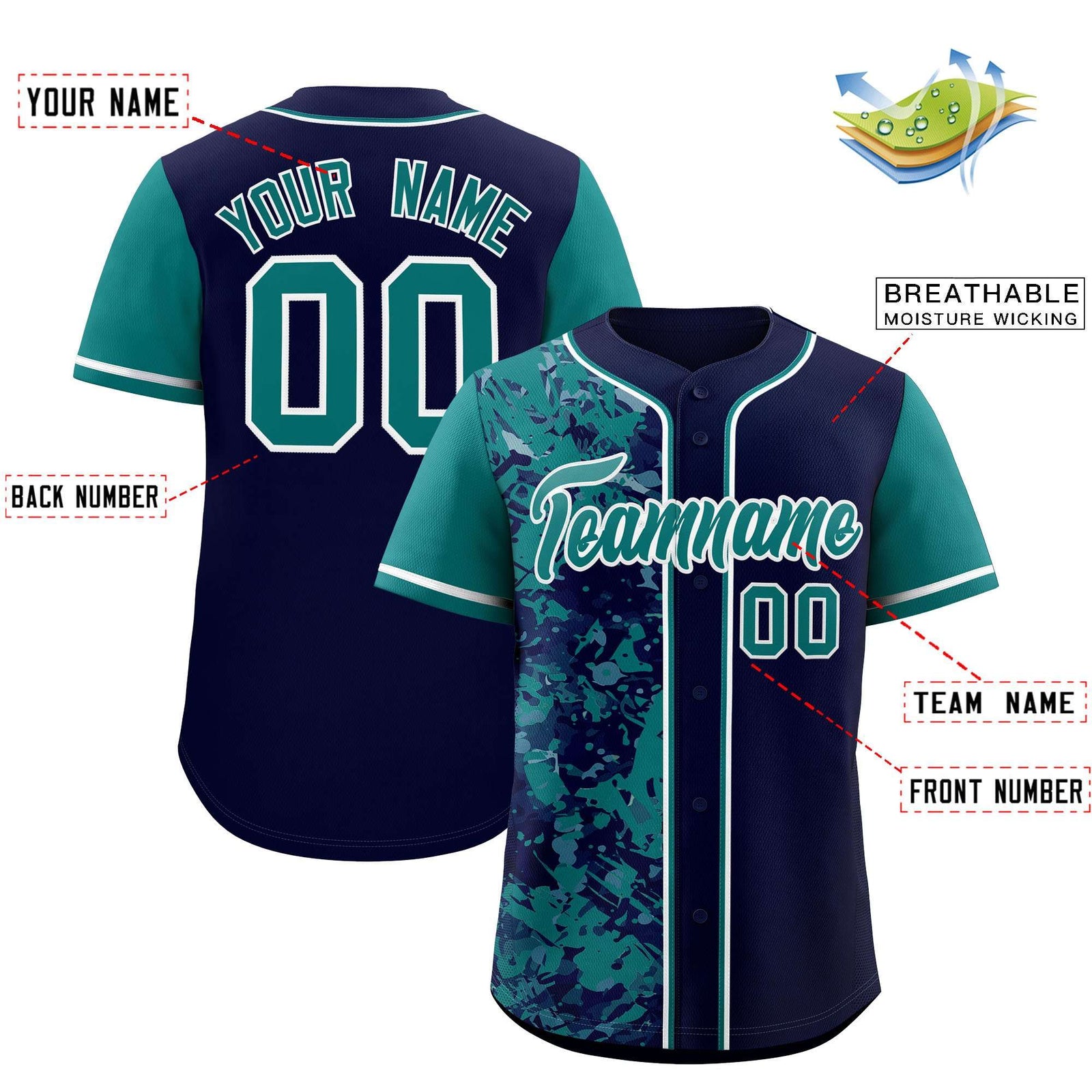 Custom Navy Aqua Split Personalized Graffiti Raglan Sleeve Authentic Baseball Jersey