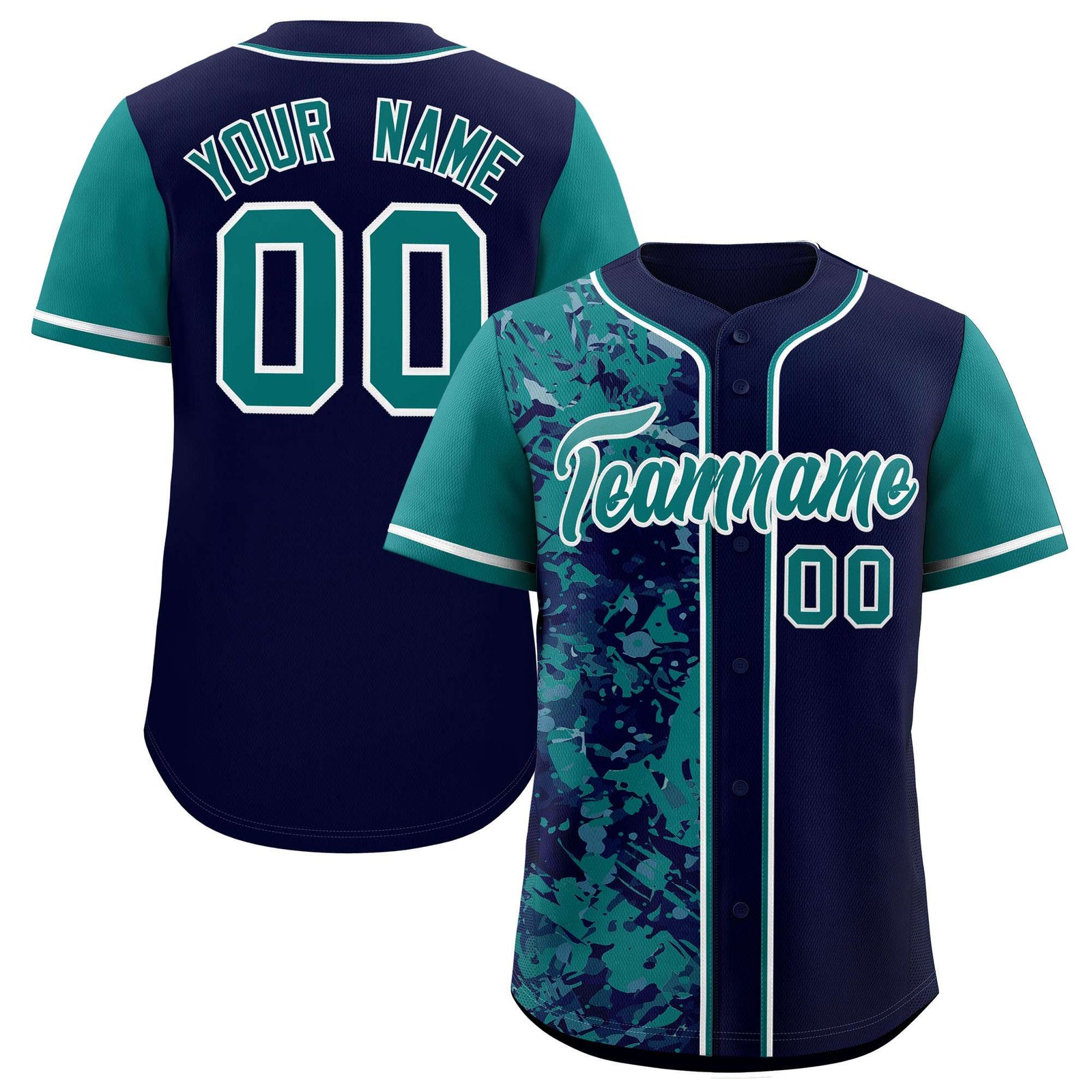 Custom Navy Aqua Split Personalized Graffiti Raglan Sleeve Authentic Baseball Jersey