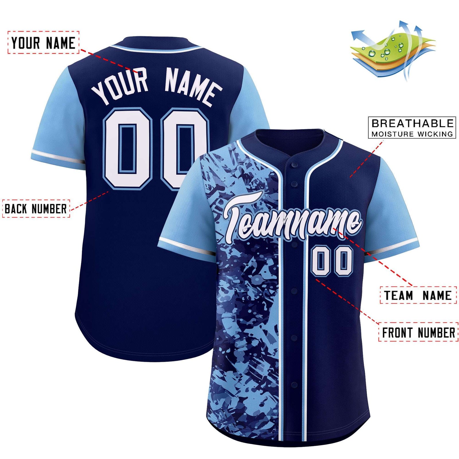 Custom Navy Powder Blue Split Personalized Graffiti Raglan Sleeve Authentic Baseball Jersey