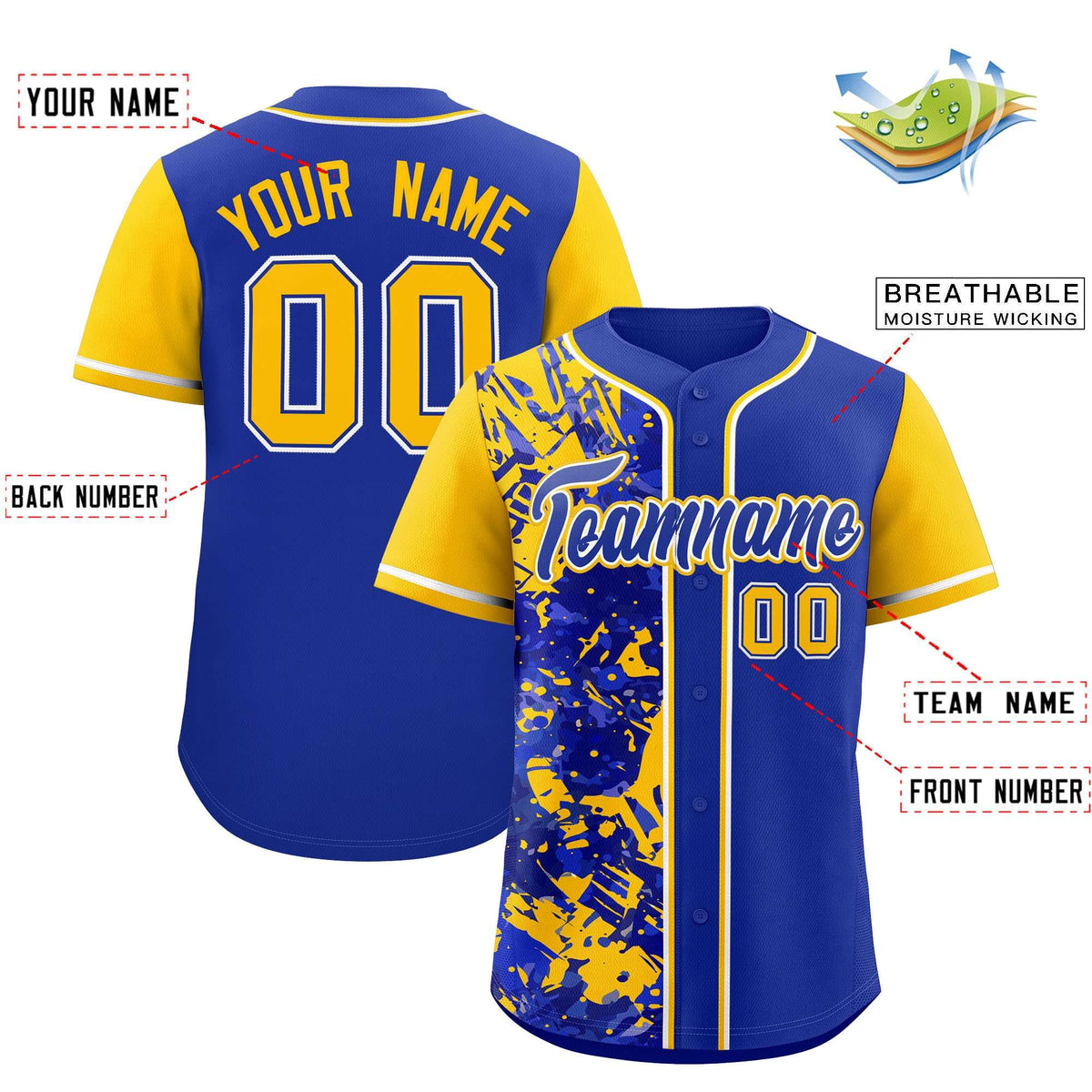 Custom Royal Yellow Split Personalized Graffiti Raglan Sleeve Authentic Baseball Jersey