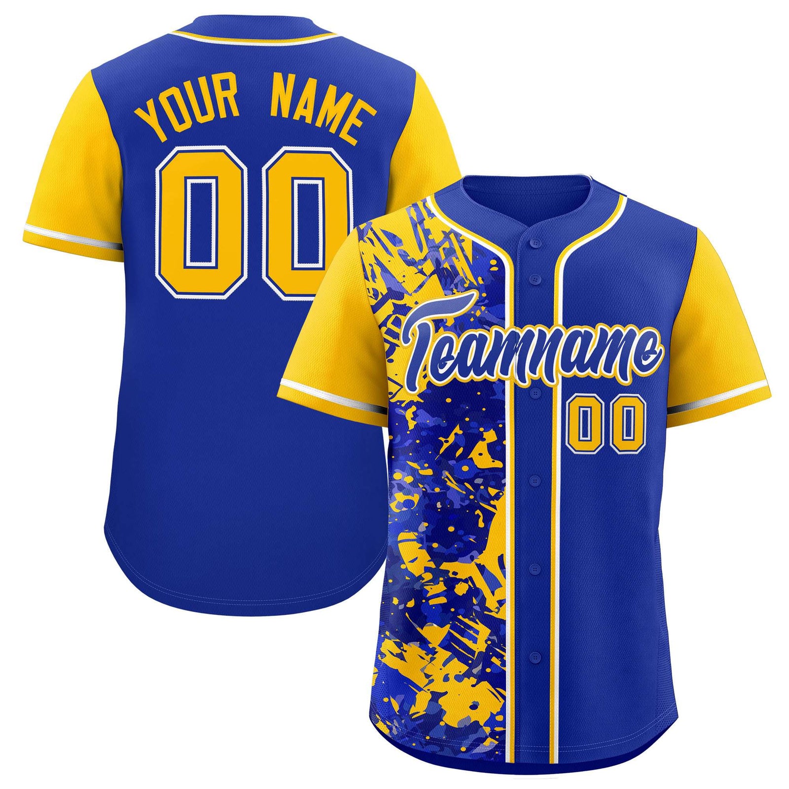 Custom Royal Yellow Split Personalized Graffiti Raglan Sleeve Authentic Baseball Jersey