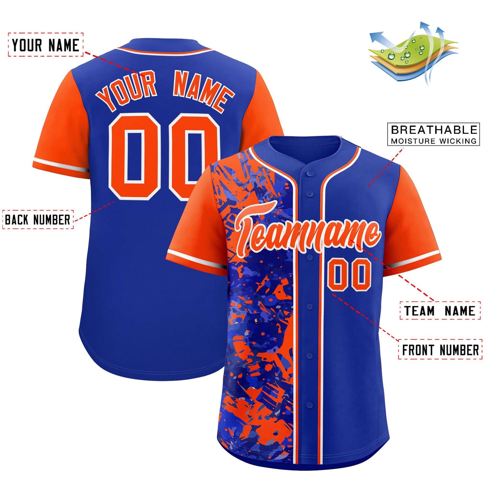 Custom Royal Orange Split Personalized Graffiti Raglan Sleeve Authentic Baseball Jersey