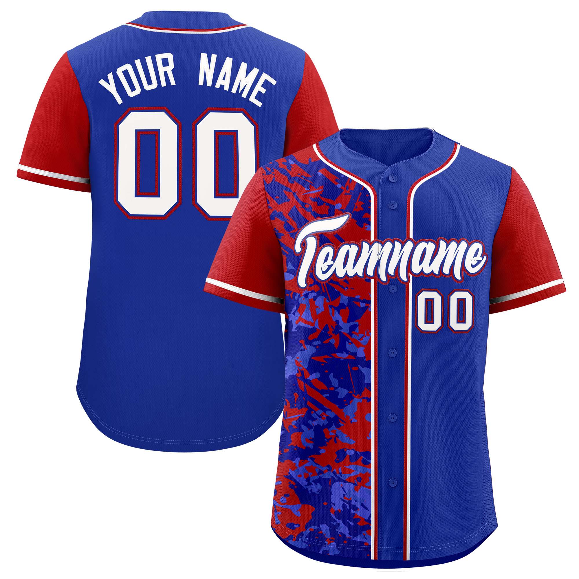 Custom Royal Red Split Personalized Graffiti Raglan Sleeve Authentic Baseball Jersey