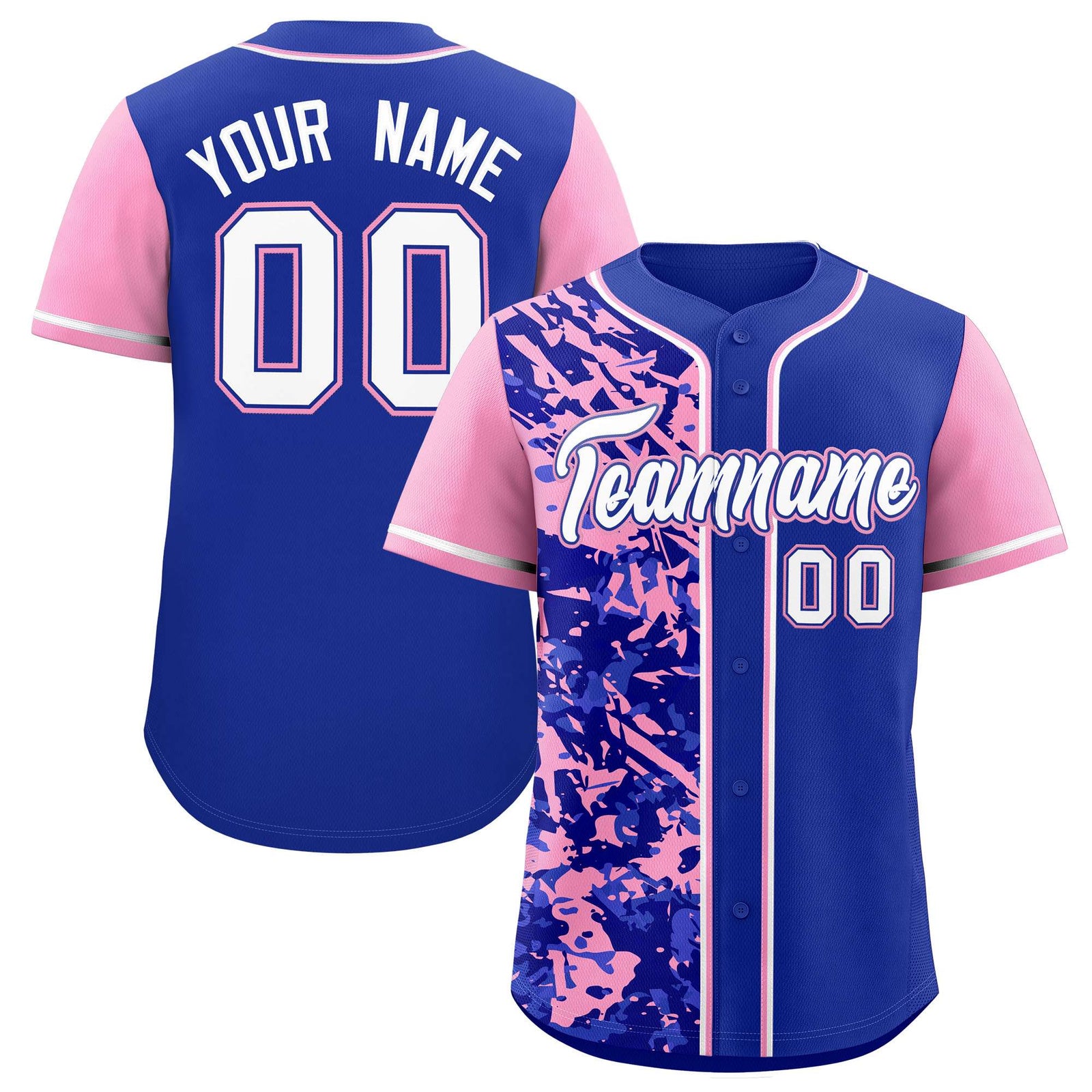 Custom Royal Light Pink Split Personalized Graffiti Raglan Sleeve Authentic Baseball Jersey