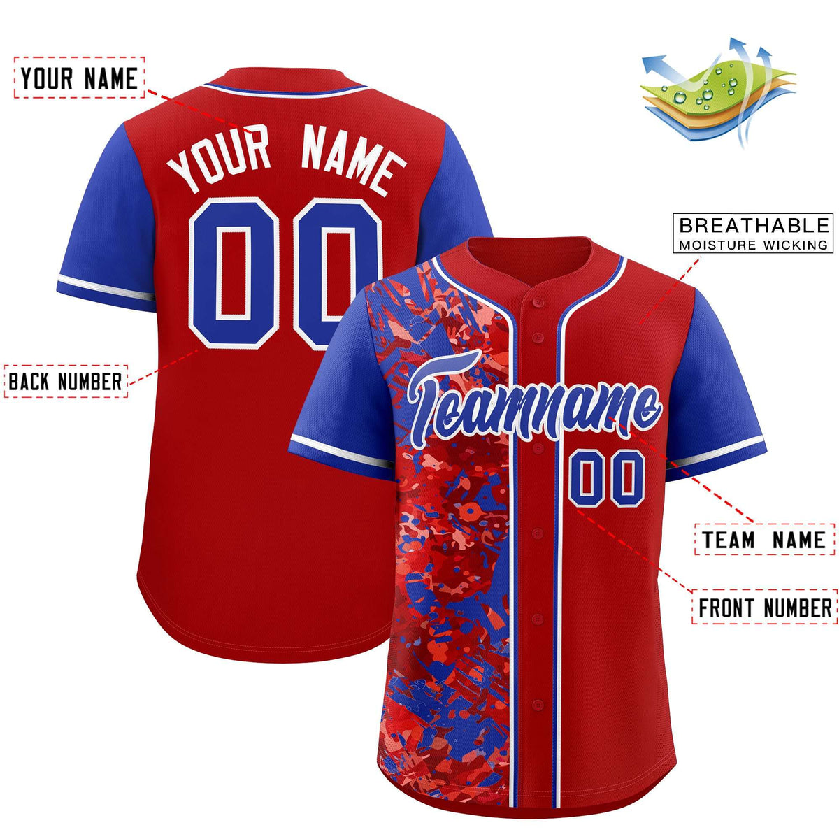 Custom Red Royal Split Personalized Graffiti Raglan Sleeve Authentic Baseball Jersey