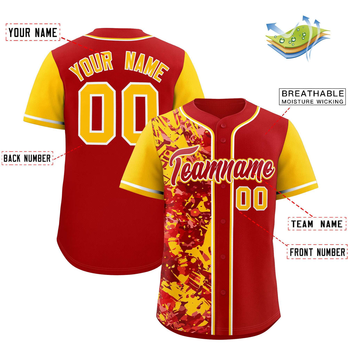 Custom Red Yellow Split Personalized Graffiti Raglan Sleeve Authentic Baseball Jersey