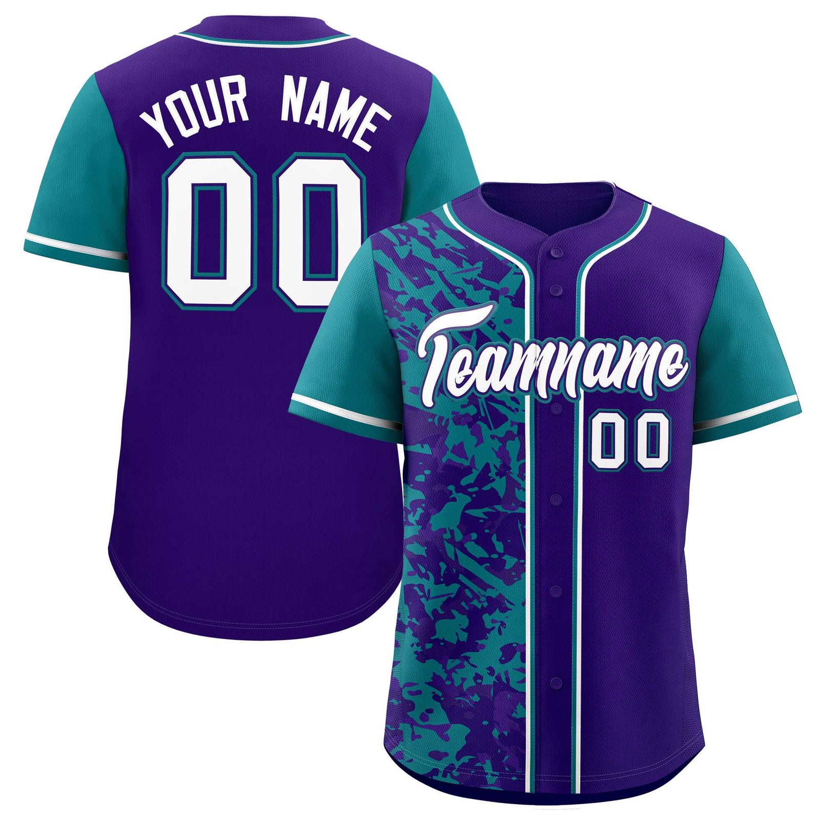 Custom Purple Teal Split Personalized Graffiti Raglan Sleeve Authentic Baseball Jersey