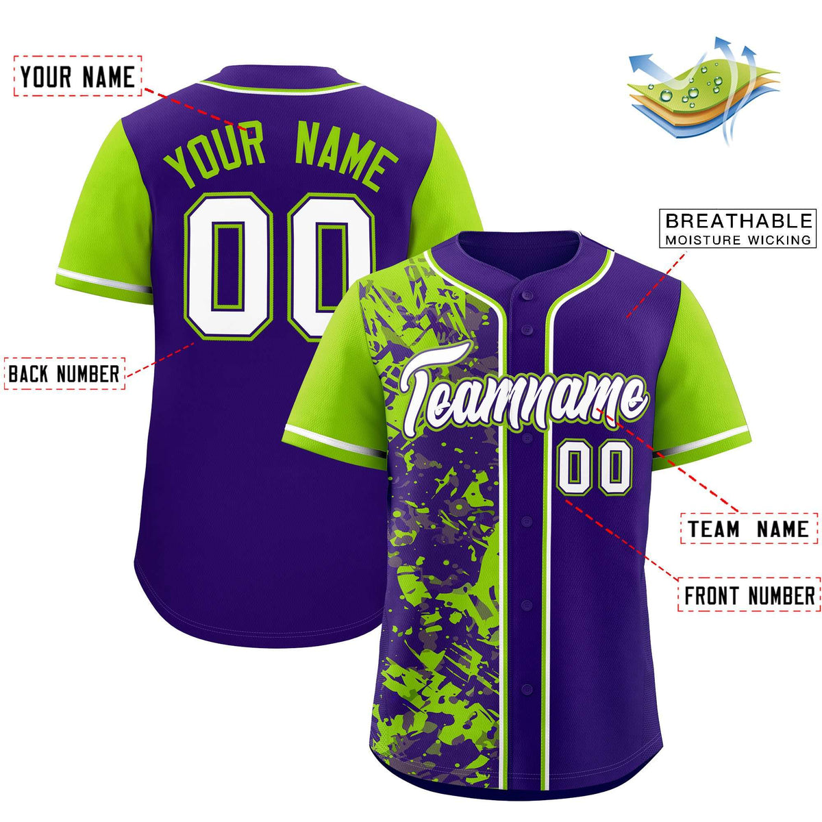 Custom Purple Neon Green Split Personalized Graffiti Raglan Sleeve Authentic Baseball Jersey