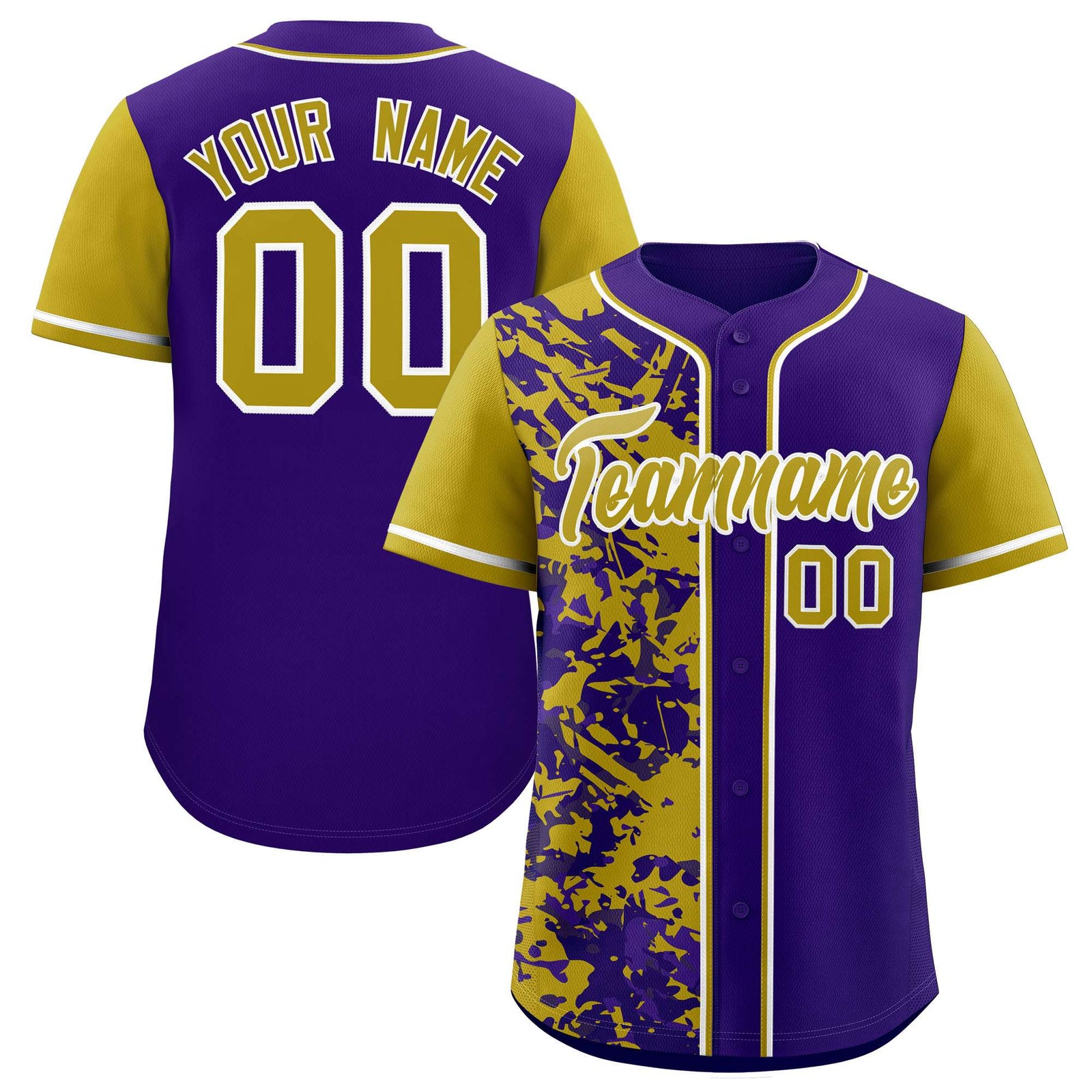 Custom Purple Old Gold Split Personalized Graffiti Raglan Sleeve Authentic Baseball Jersey