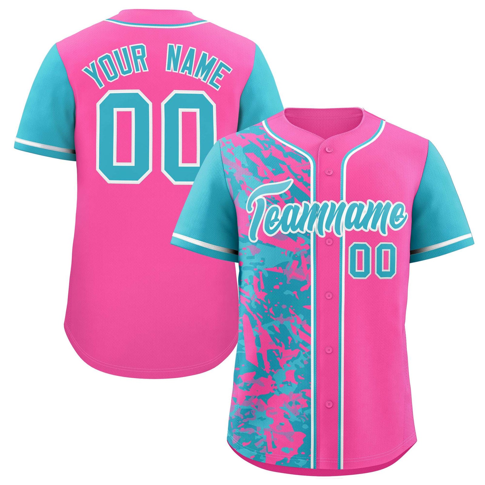 Custom Pink Sky Blue Split Personalized Graffiti Raglan Sleeve Authentic Baseball Jersey