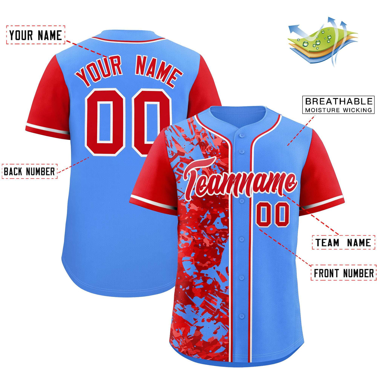 Custom Blue Red Split Personalized Graffiti Raglan Sleeve Authentic Baseball Jersey