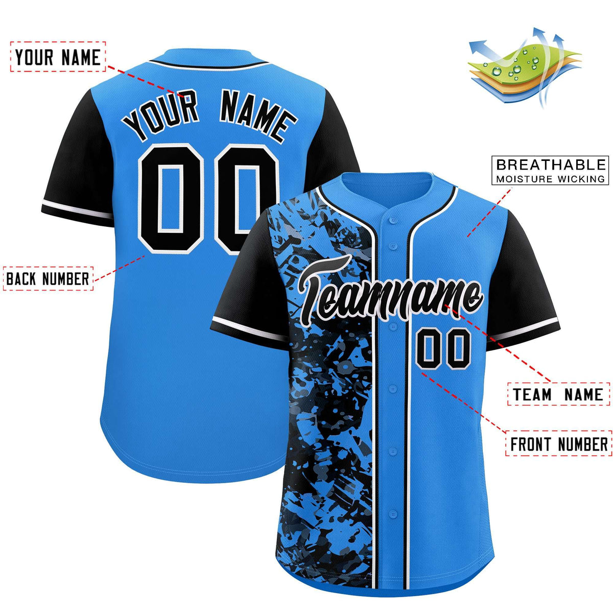 Custom Blue Black Split Personalized Graffiti Raglan Sleeve Authentic Baseball Jersey