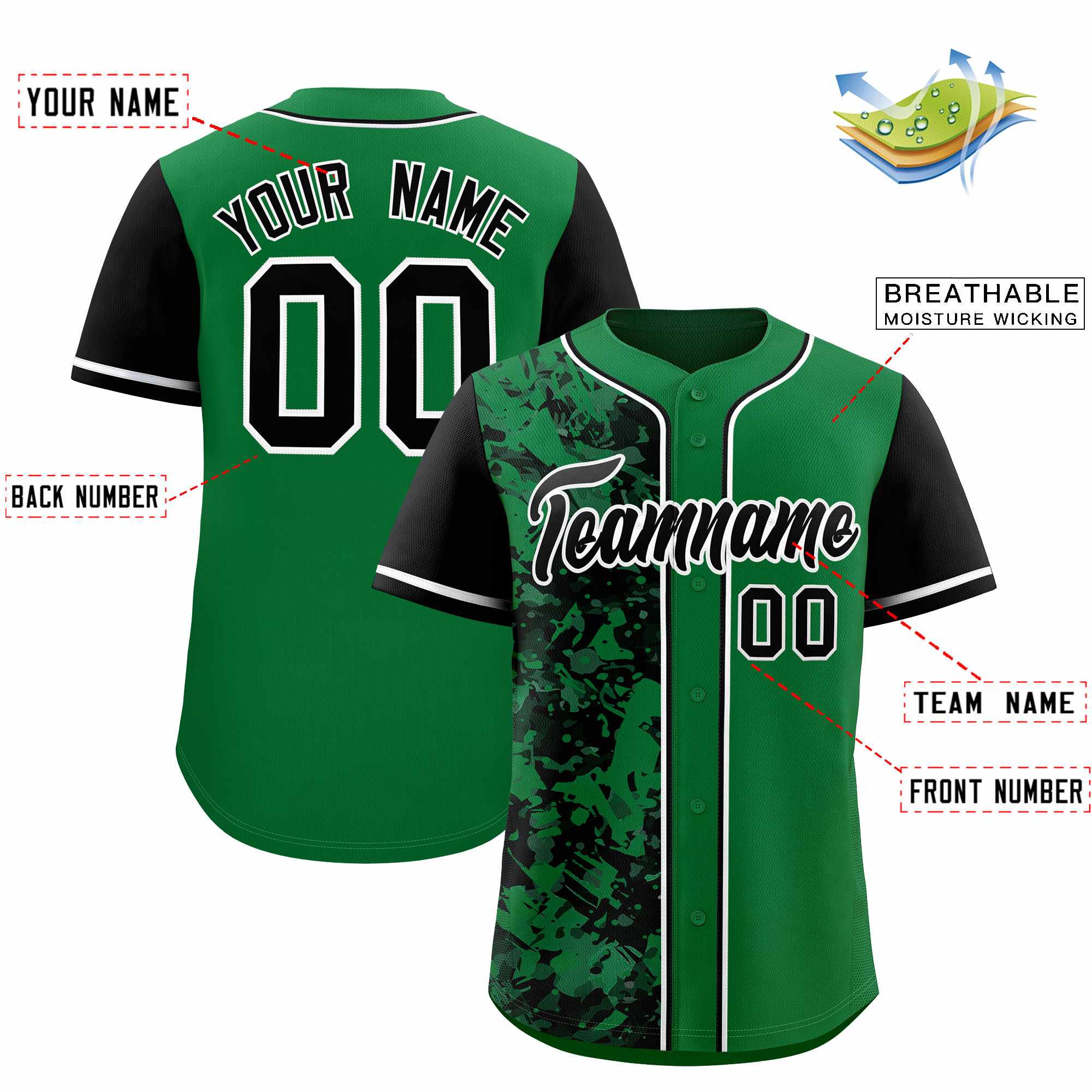 Custom Green Black Split Personalized Graffiti Raglan Sleeve Authentic Baseball Jersey