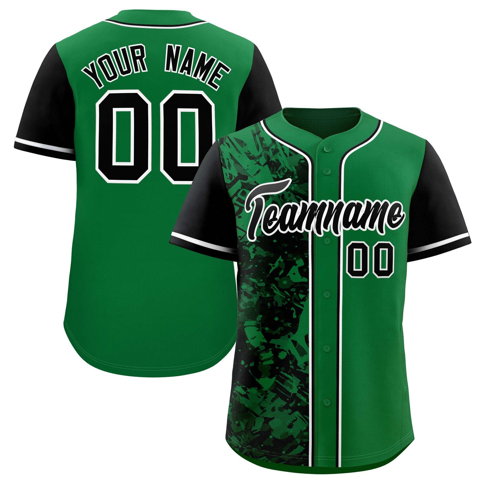 Custom Green Black Split Personalized Graffiti Raglan Sleeve Authentic Baseball Jersey