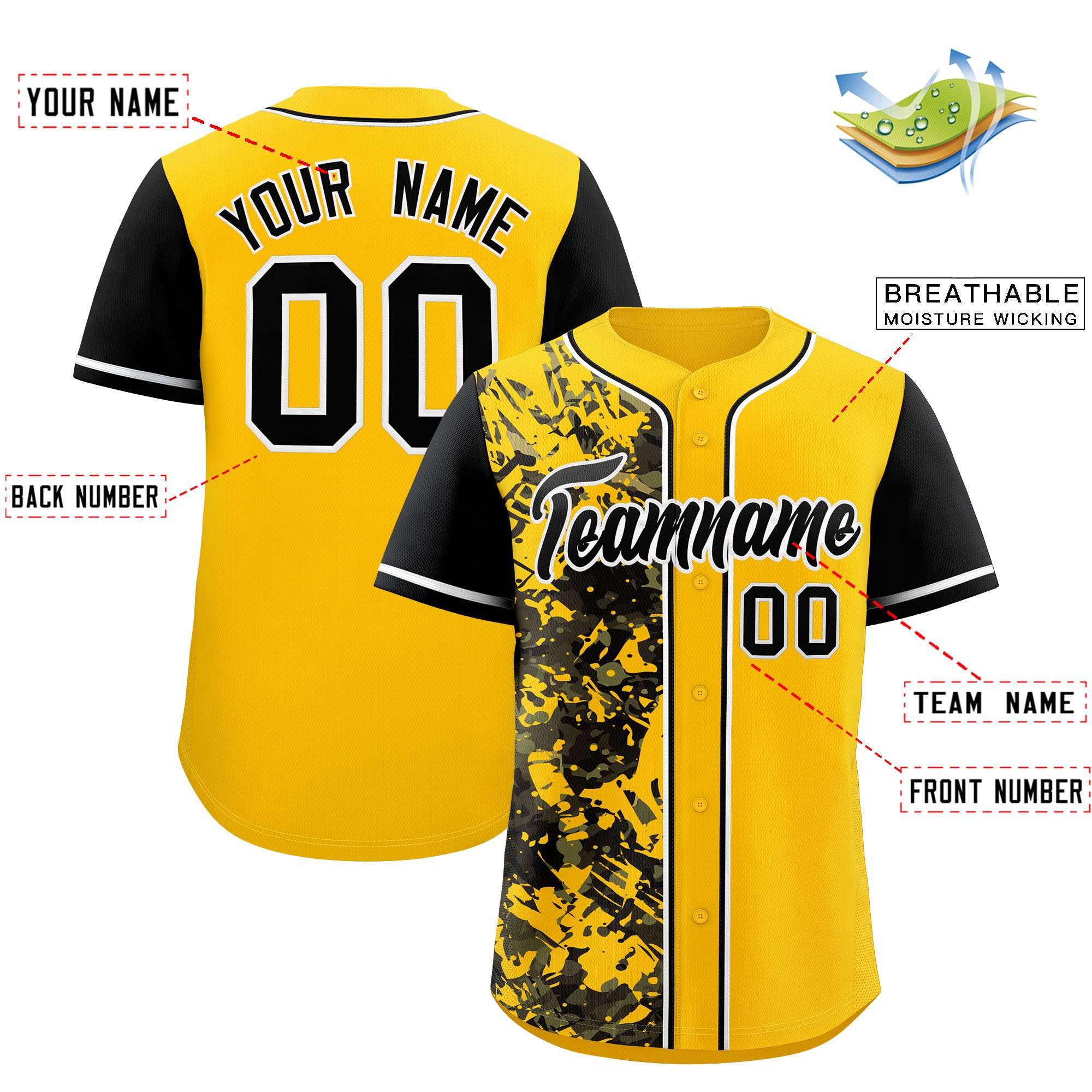 Custom Yellow Black Split Personalized Graffiti Raglan Sleeve Authentic Baseball Jersey