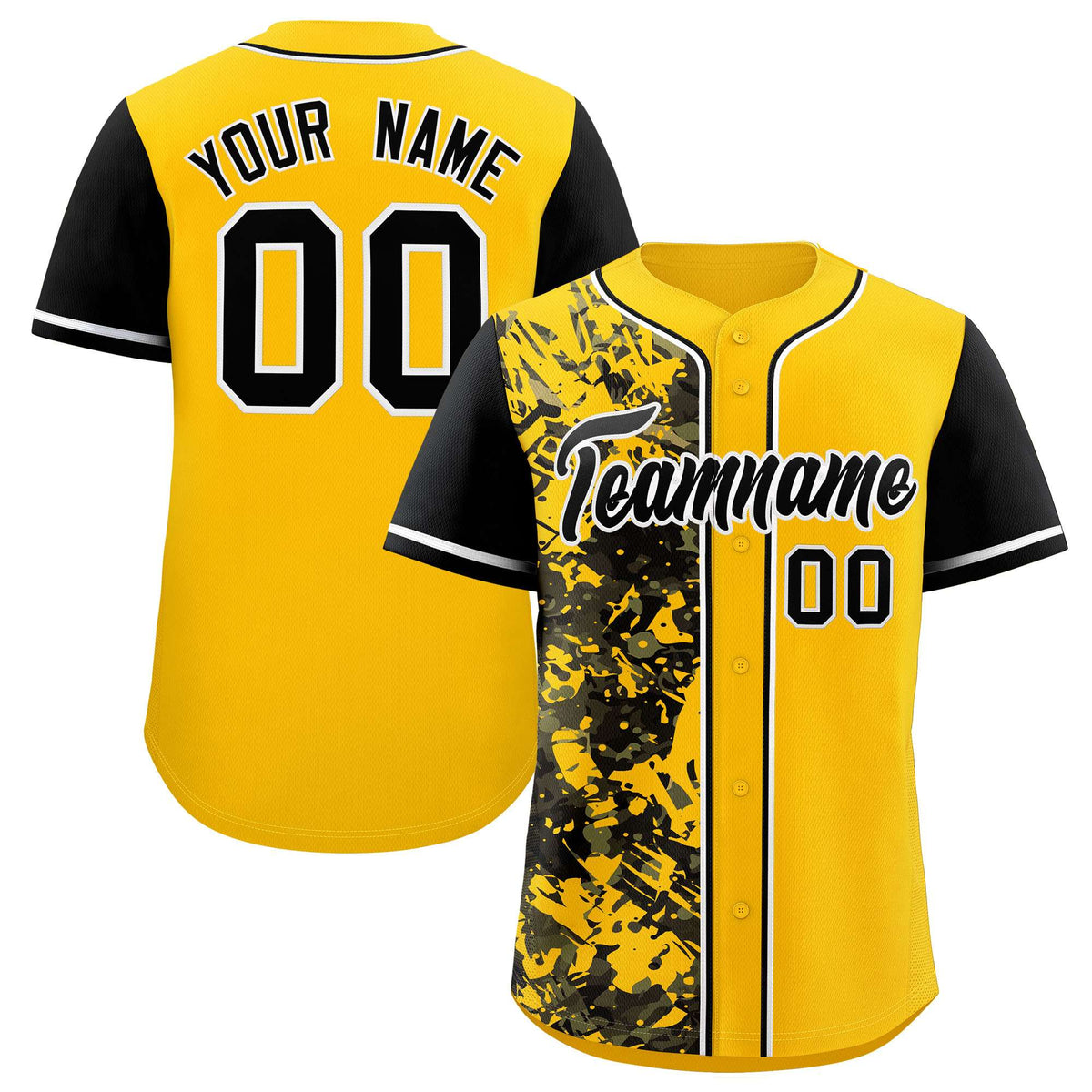 Custom Yellow Black Split Personalized Graffiti Raglan Sleeve Authentic Baseball Jersey