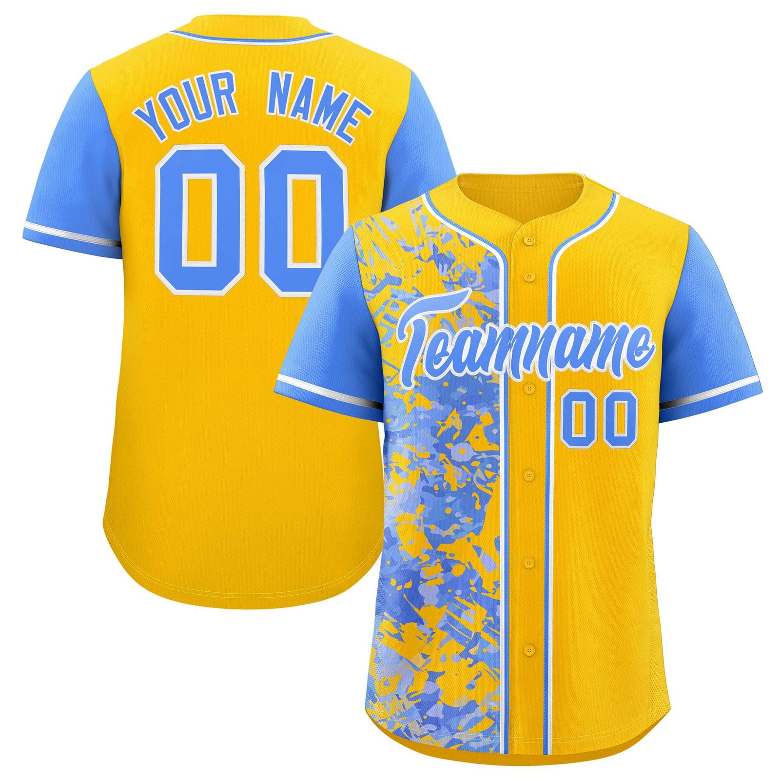Custom Yellow Powder Blue Split Personalized Graffiti Raglan Sleeve Authentic Baseball Jersey