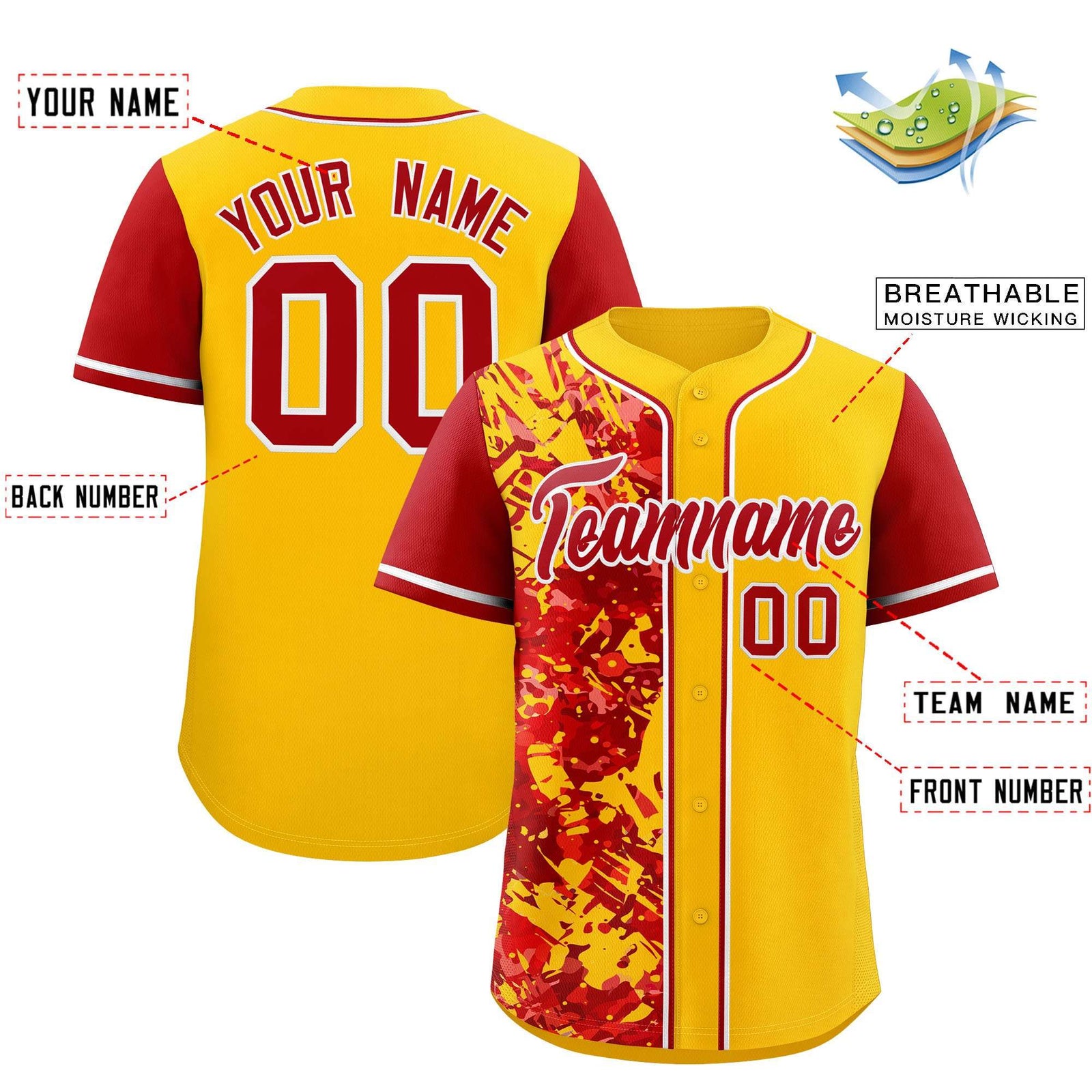 Custom Yellow Red Split Personalized Graffiti Raglan Sleeve Authentic Baseball Jersey