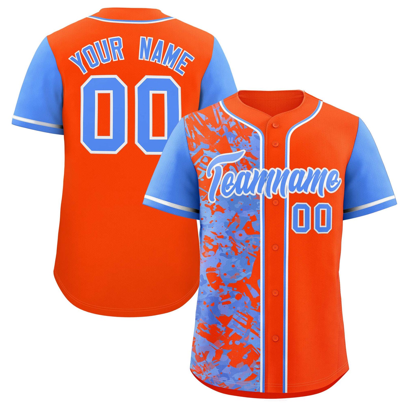 Custom Orange Powder Blue Split Personalized Graffiti Raglan Sleeve Authentic Baseball Jersey