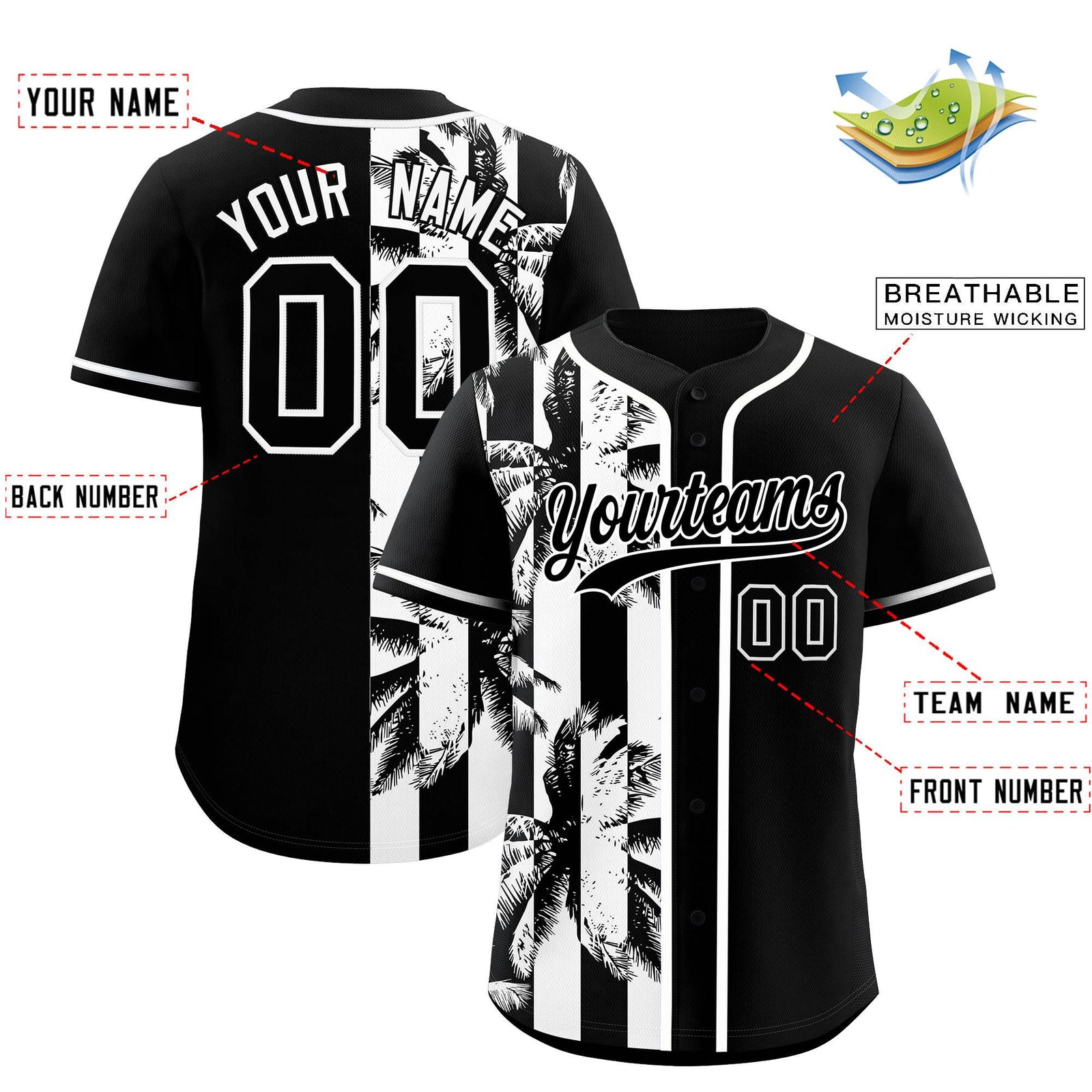 Custom Black White Split Fashion Coconut Tree Design Authentic Baseball Jersey