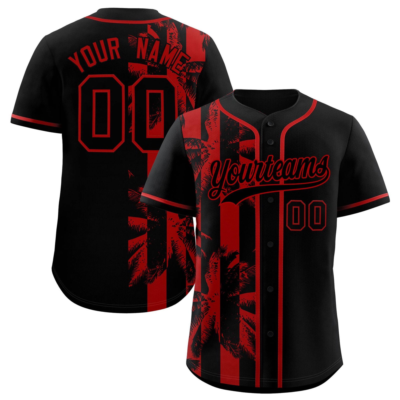Custom Black Red Split Fashion Coconut Tree Design Authentic Baseball Jersey