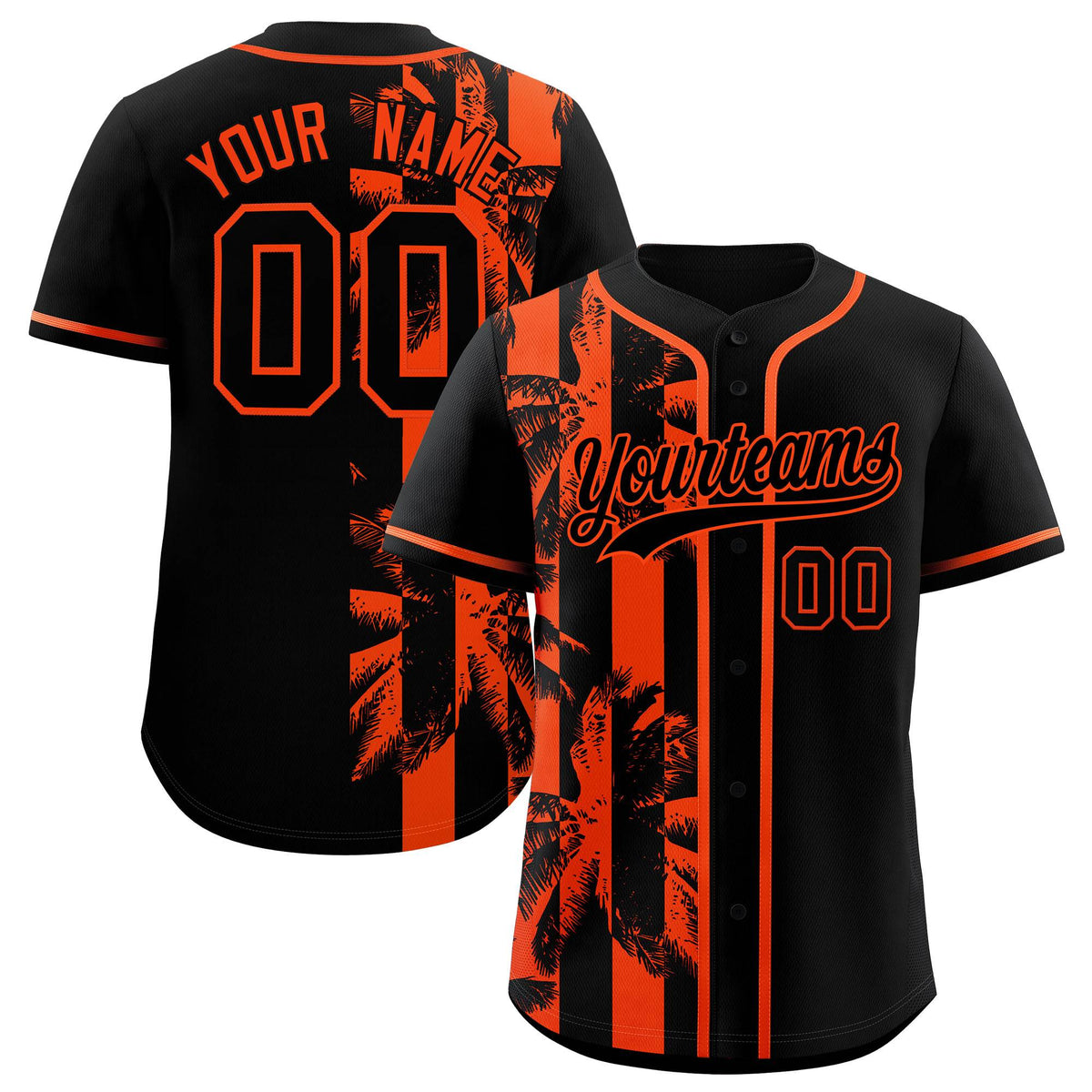Custom Black Orange Split Fashion Coconut Tree Design Authentic Baseball Jersey