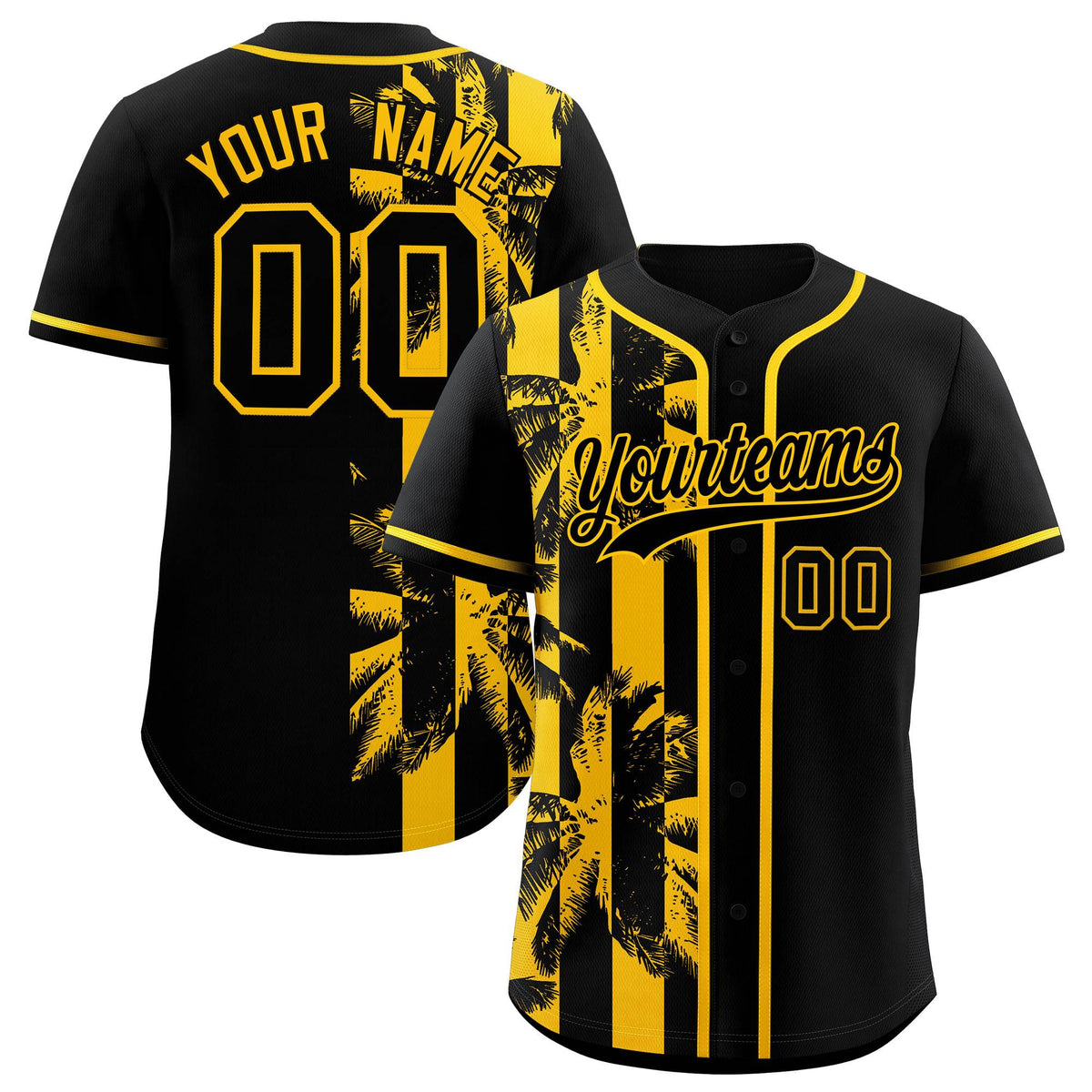 Custom Black Yellow Split Fashion Coconut Tree Design Authentic Baseball Jersey