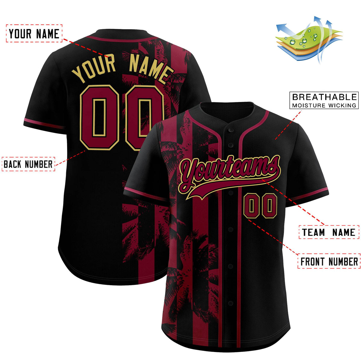 Custom Black Crimson Split Fashion Coconut Tree Design Authentic Baseball Jersey
