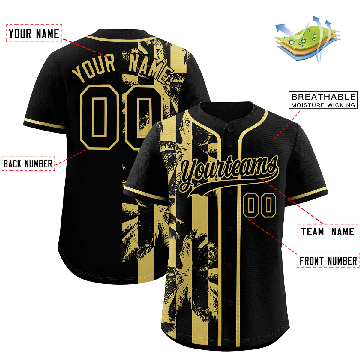 Custom Black Old Gold Split Fashion Coconut Tree Design Authentic Baseball Jersey
