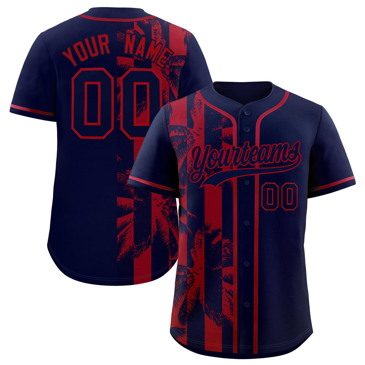 Custom Navy Red Split Fashion Coconut Tree Design Authentic Baseball Jersey