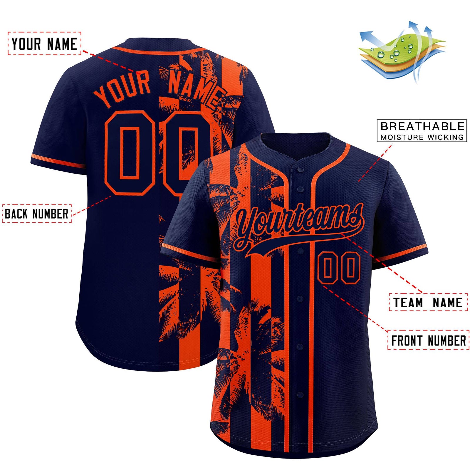 Custom Navy Orange Split Fashion Coconut Tree Design Authentic Baseball Jersey