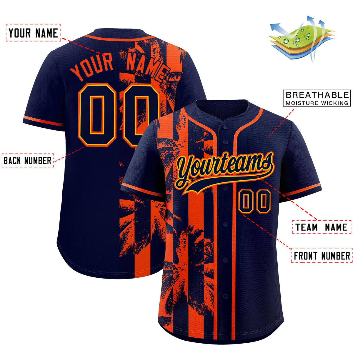 Custom Navy Orange Split Fashion Coconut Tree Design Authentic Baseball Jersey