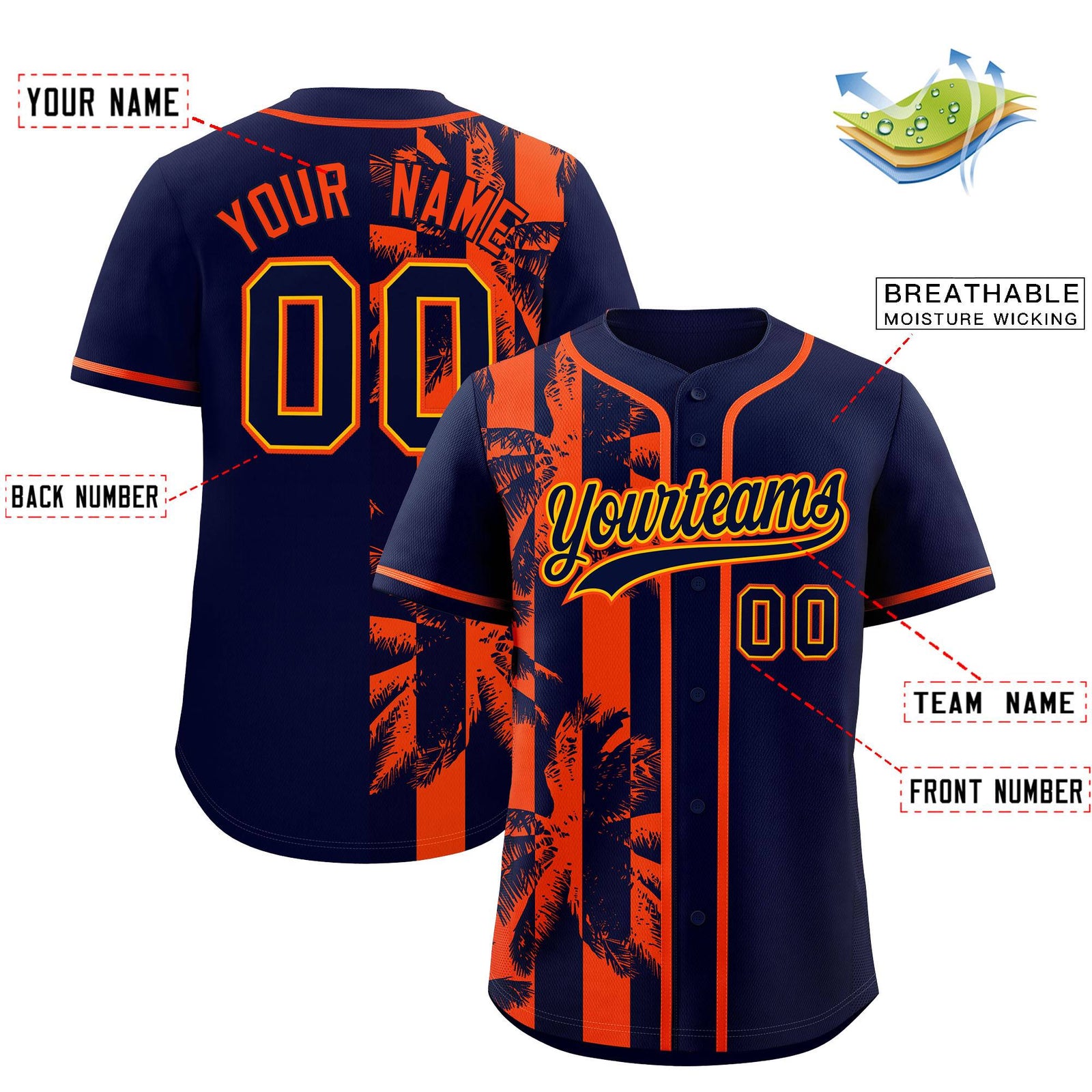 Custom Navy Orange Split Fashion Coconut Tree Design Authentic Baseball Jersey