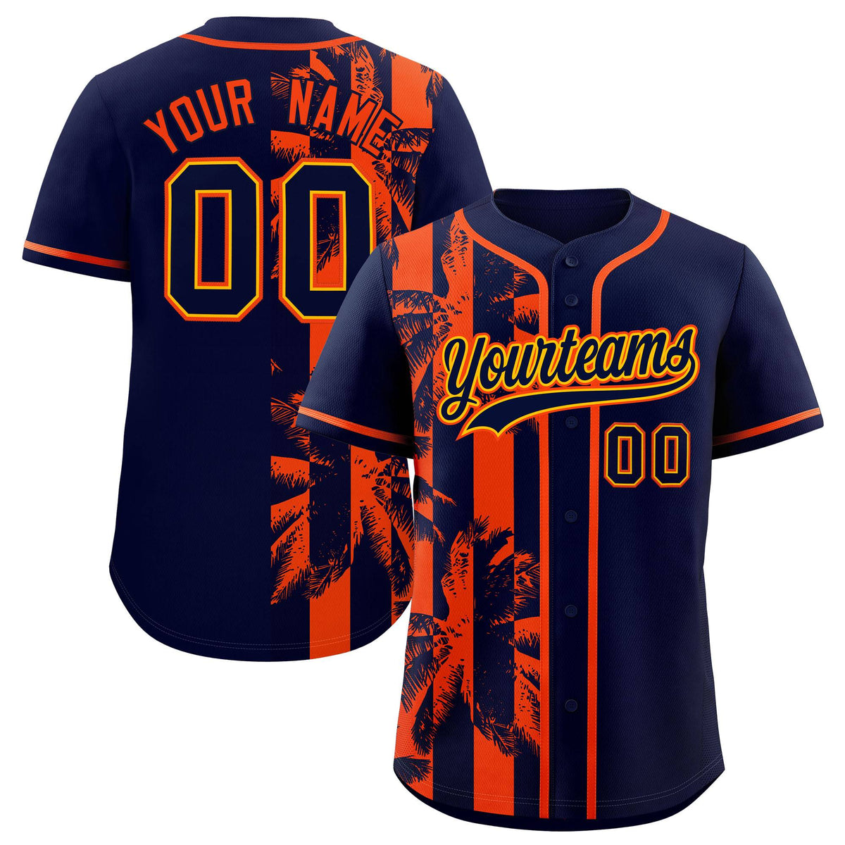 Custom Navy Orange Split Fashion Coconut Tree Design Authentic Baseball Jersey