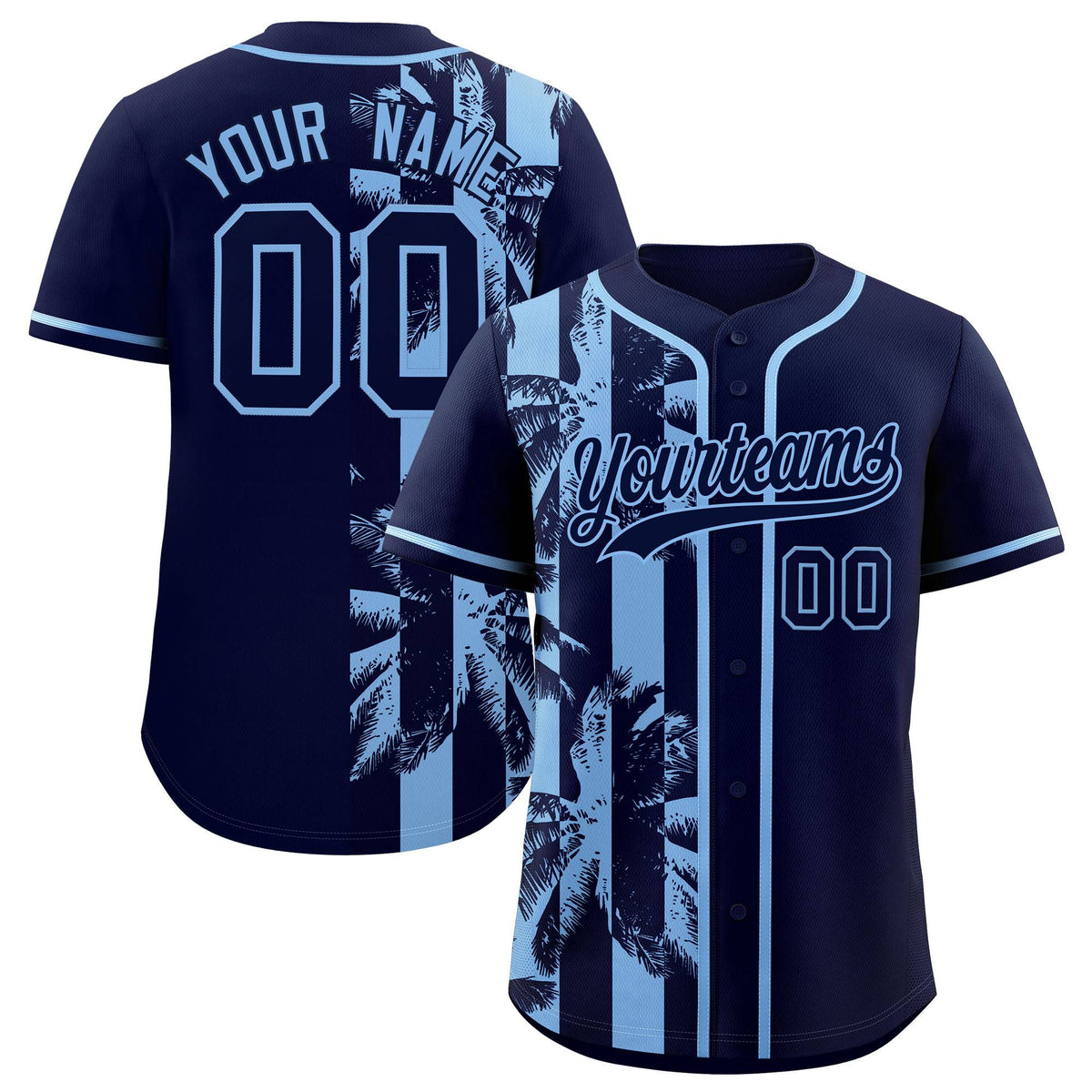 Custom Navy Powder Blue Split Fashion Coconut Tree Design Authentic Baseball Jersey