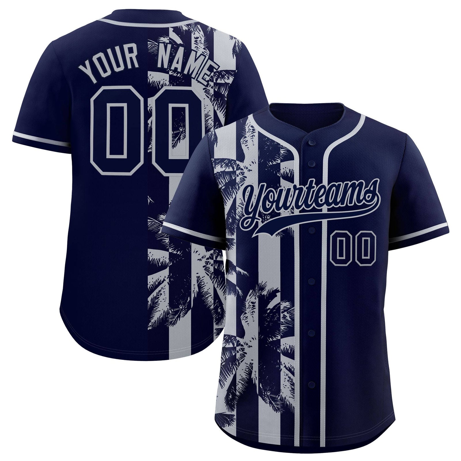 Custom Navy Gray Split Fashion Coconut Tree Design Authentic Baseball Jersey