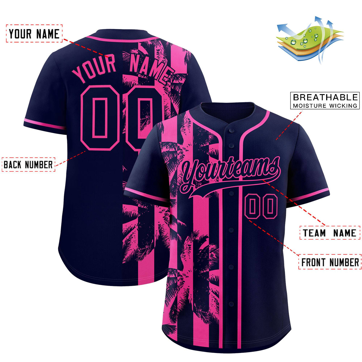 Custom Navy Pink Split Fashion Coconut Tree Design Authentic Baseball Jersey
